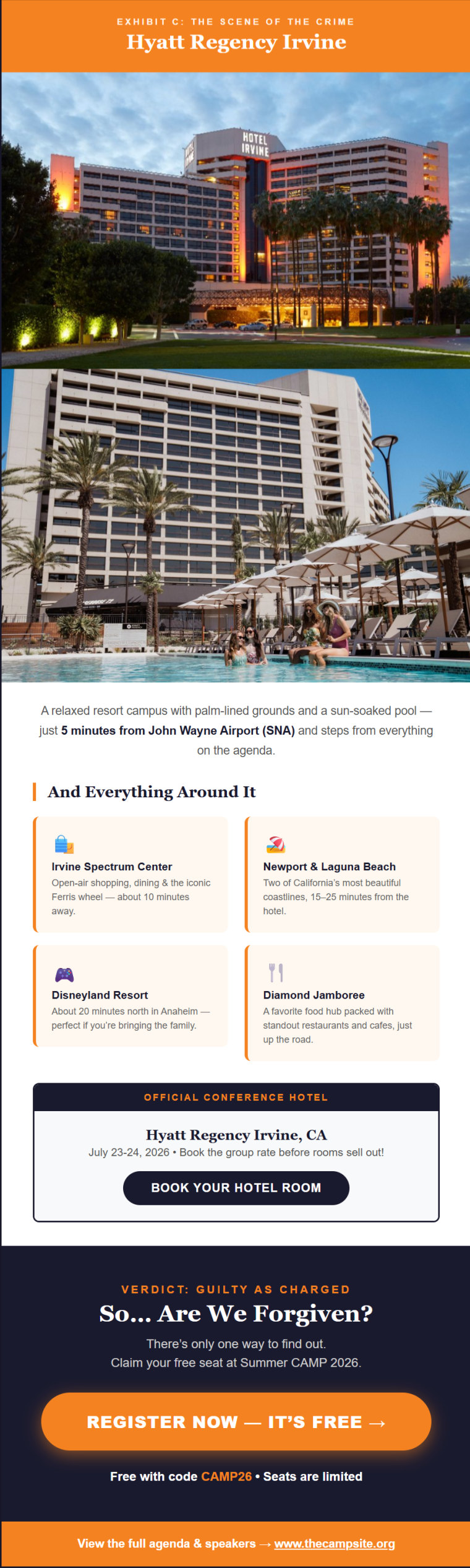 Summer CAMP campaign email with event details and vendors